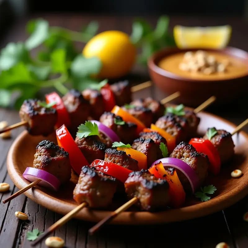 Brochetas de Kyinkyinga de carne de cordero doradas en airfryer, con trozos de cebolla morada y pimiento rojo, acompañadas de salsa de cacahuete cremosa en un cuenco aparte. Plato tradicional ghanés con especias visibles y textura jugosa.
