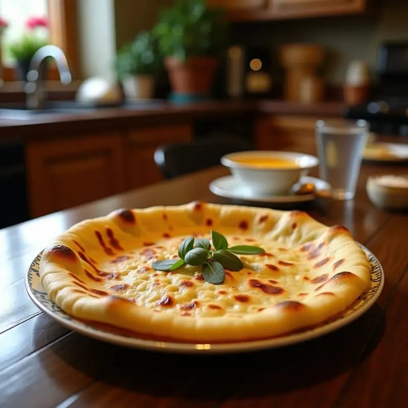 Lachha Paratha dorado y en capas, servido en un plato de barro rústico con hojas de cilantro fresco y semillas de sésamo, receta sin gluten en sartén.