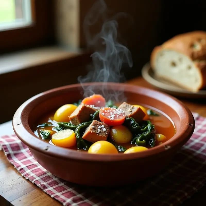 Plato hondo de barro con lacón con grelos y cachelos, guiso gallego contundente, servido con trozos de patata, grelos verdes y lacón dorado en un caldo espeso y aromático.