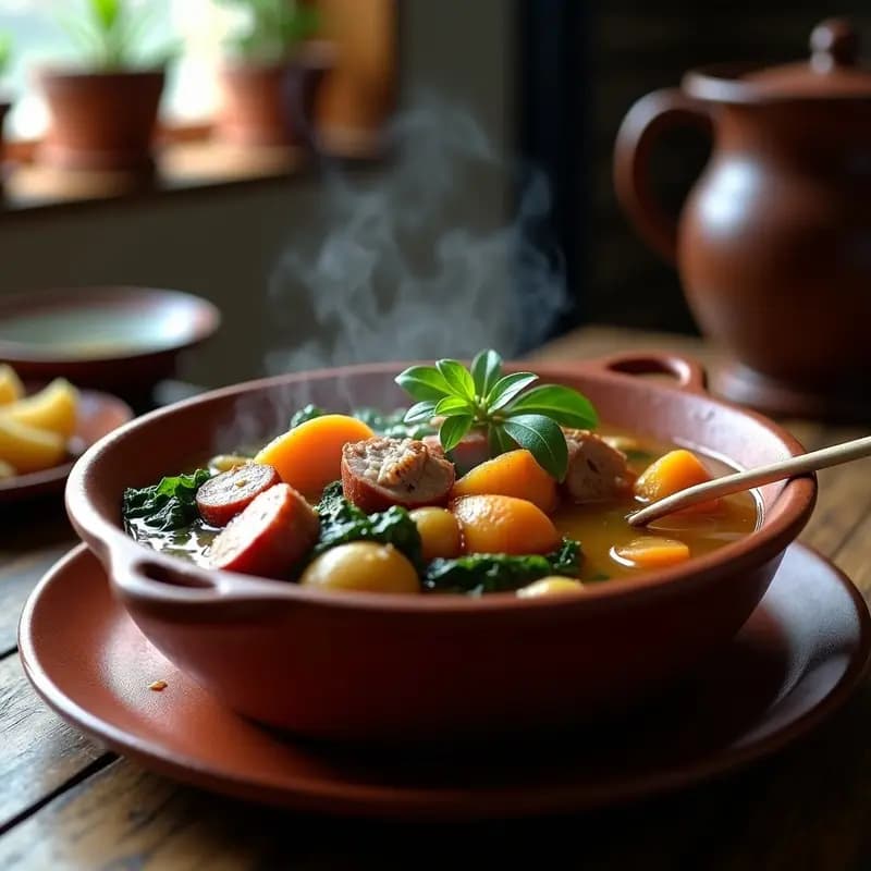 Plato hondo de barro con cocido gallego auténtico: trozos de lacón curado, chorizo en rodajas, grelos verdes y patatas doradas bañadas en un caldo espeso y aromático, servido con una cuchara de madera y un chorro de aceite de oliva virgen extra. Receta tradicional gallega en olla rápida.