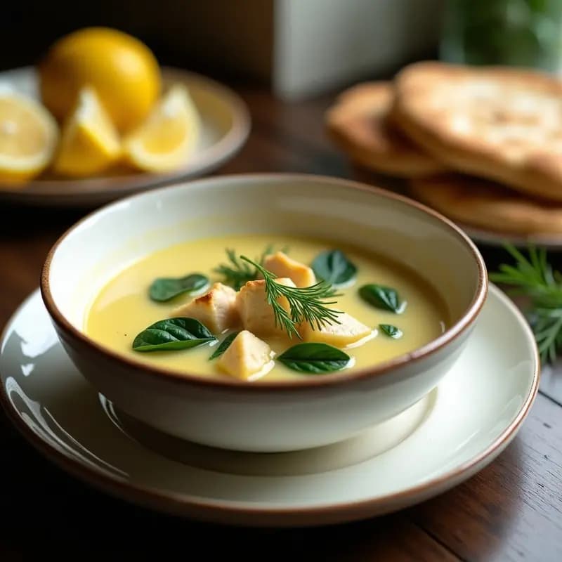 Cuenco de cerámica blanca con sopa ladolemono griego cremosa, trozos de seitán dorado, espinacas verdes y eneldo fresco, servida sobre mesa de madera con rodaja de limón al lado.