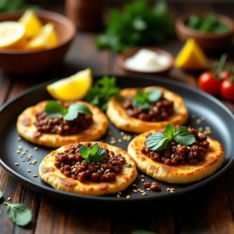 Lahmacun vegano turco crujiente en bandeja de horno, con base dorada de harina de garbanzo, relleno de lentejas y berenjena asada, espolvoreado con semillas de sésamo, menta fresca y perejil, servido con rodajas de limón.