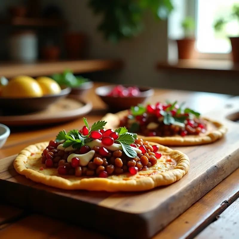 Lahmacun vegano sin gluten con base crujiente de harina de garbanzo, relleno de lentejas especiadas, semillas de granado y salsa de tahini, decorado con lechuga morada sobre tabla de madera rústica.