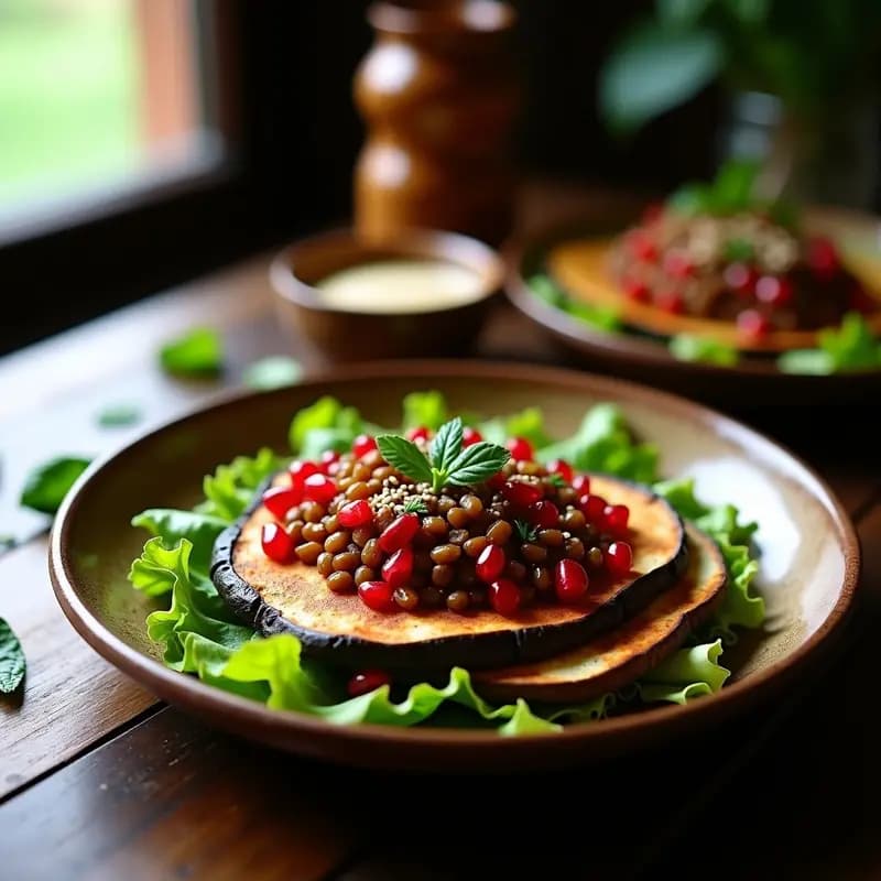Lahmacun vegano con base de berenjena asada rellena de lentillas especiadas, hierbas frescas y nueces picadas, horneado hasta dorar. Plato tradicional árabe reinventado en versión vegana y sin gluten.