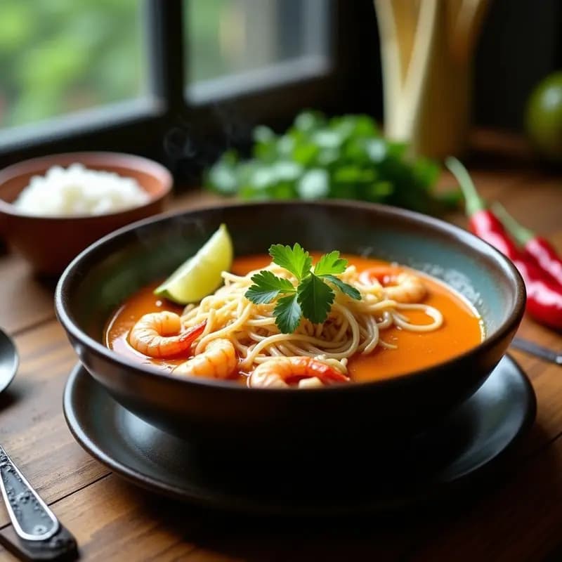 Tazón hondo de cerámica blanca con laksa de camarones y fideos de arroz, sopa malaya picante y cremosa, decorada con brotes de soja, cilantro fresco, rodajas de chile rojo y gajos de limón. Fondo rústico con textura de madera oscura.