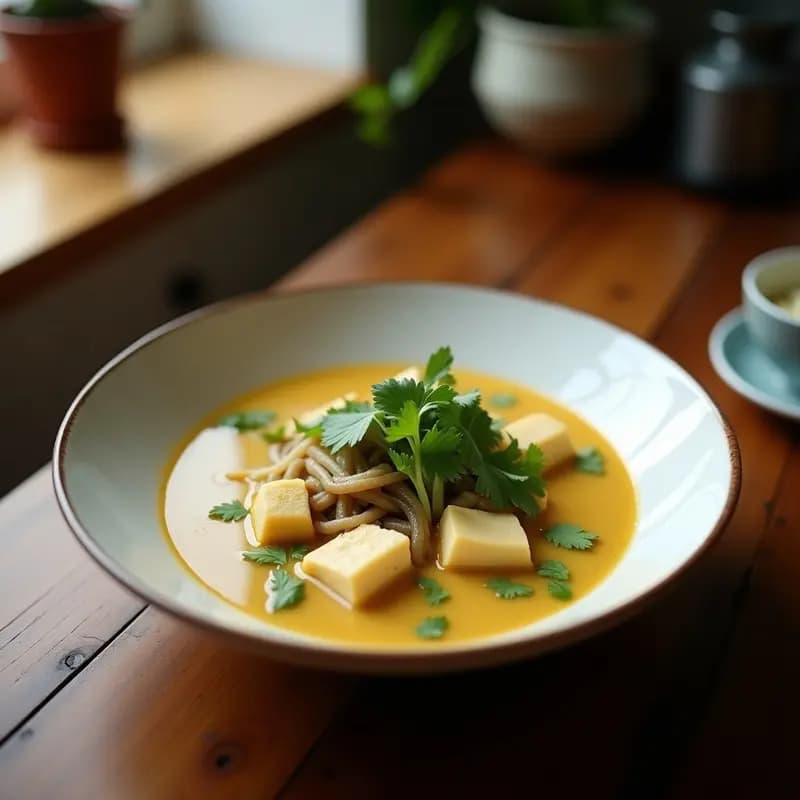 Bol hondo de cerámica oscura con Laksa de Coco y Curry Verde con Tofu, fideos de arroz sumergidos en un caldo cremoso de color verde claro, cubos de tofu sedoso, brotes de soja y cilantro fresco. rodajas de limón y chile rojo al lado.