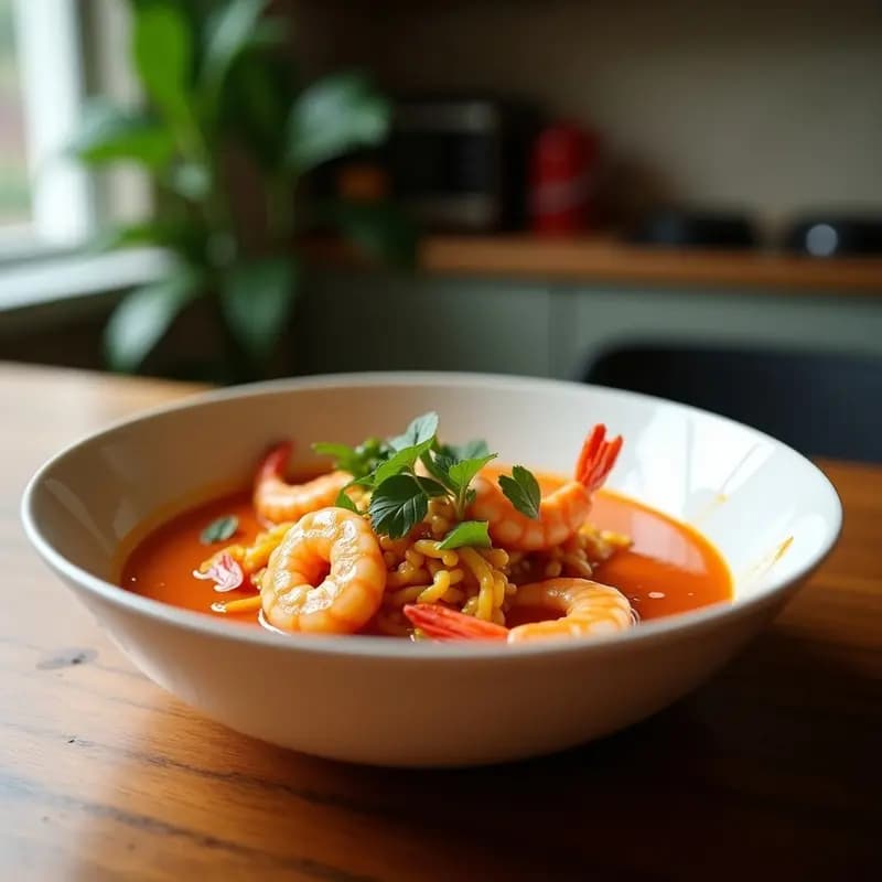 Cuenco hondo de cerámica oscura con laksa malaya cremosa de leche de coco y gamberas rosadas, decorada con brotes de soja, cilantro fresco y rodajas de limón, sobre fondo de madera rústica con especias al lado.