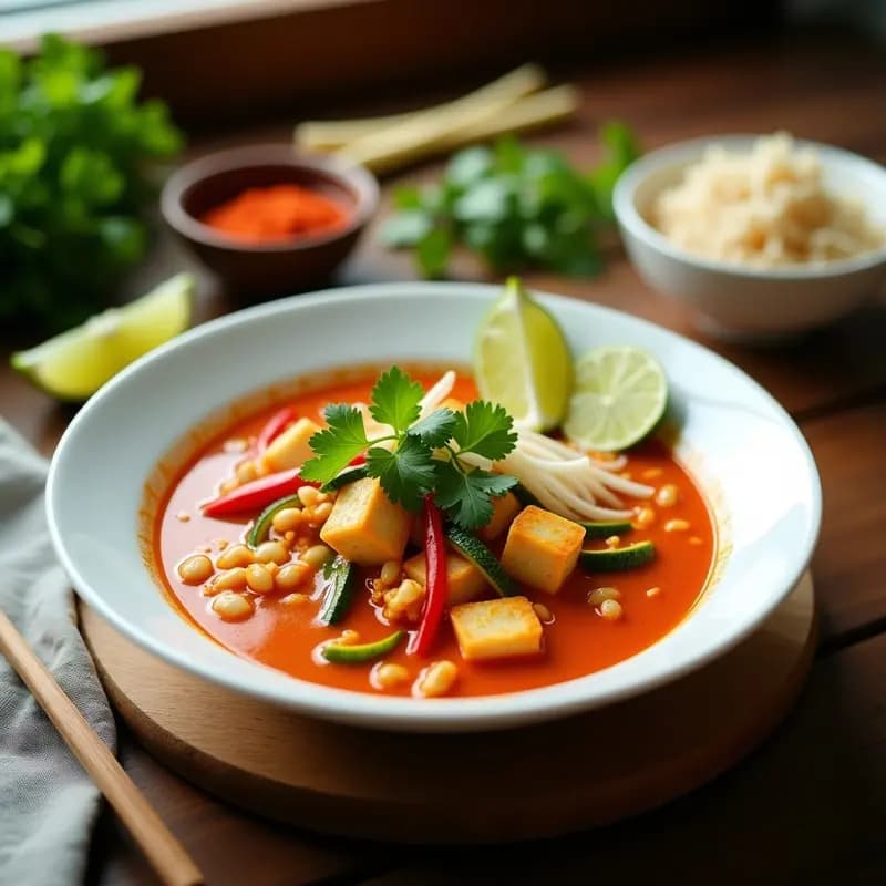 Plato hondo de cerámica blanca con laksa de curry rojo, tofu dorado en cubos, calabacín en juliana y brotes de soja. Decorado con cilantro fresco y rodajas de limón, con fondo de especias y hierbas aromáticas.