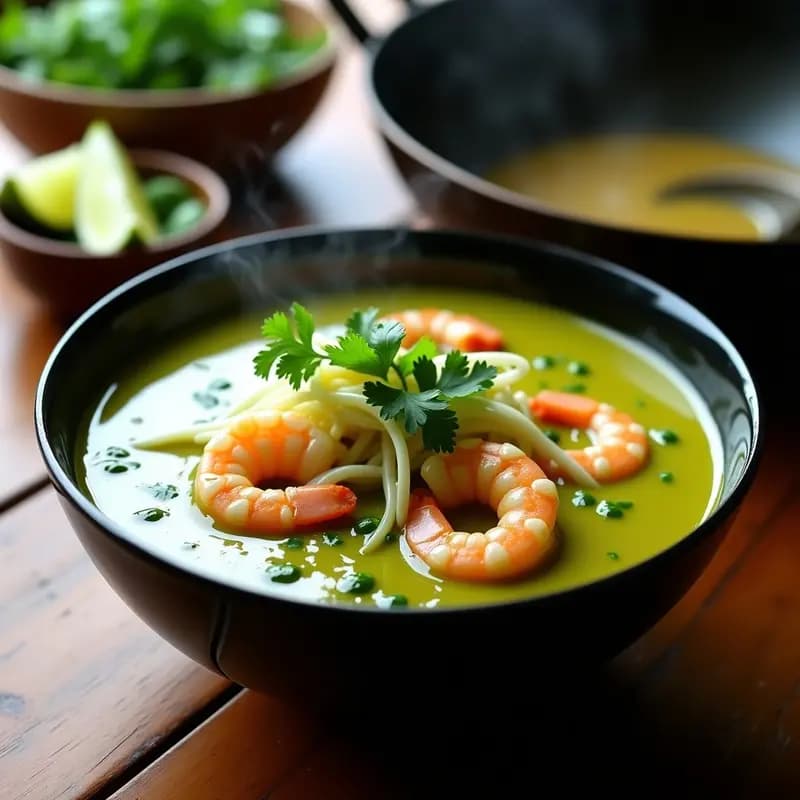 Cuenco hondo de cerámica negra con laksa de curry verde y gambas, salsa cremosa de color verde vibrante, fideos de arroz gruesos, brotes de soja y gambas rosadas. Decorado con hojas de limón kaffir, cilantro fresco y rodajas de lima sobre fondo rústico de madera.