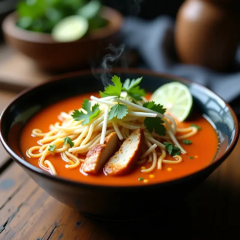 Cuenco hondo de cerámica negra con laksa de fideos de arroz y curri rojo, decorada con tofu dorado, brotes de soja, cilantro fresco y rodajas de limón verde. Plato humeante con fondo de especias y hierbas malasias.