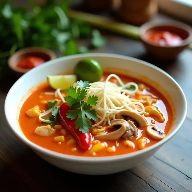 Bol hondo de cerámica blanca con laksa de fideos de arroz y curry rojo, bañados en un caldo cremoso de color naranja intenso, con trozos de tofu sedoso, tiras de pimiento rojo, zanahoria y brotes de soja. Decorado con hojas de cilantro fresco y rodajas de limón al lado. Plato de cocina malaya baja en calorías y vegana.