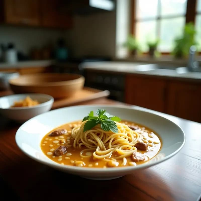 Bowl hondo de cerámica negra con laksa de fideos de lentejas rojas y leche de coco, decorada con brotes de soja, cilantro fresco y rodajas de lima. La sopa tiene un color cremoso anaranjado con trozos de champiñones shiitake y pimiento rojo. Fondo rústico con texturas de madera.