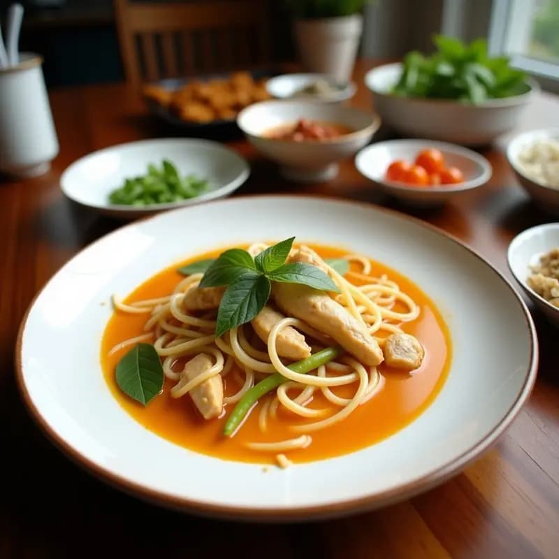 Cuenco hondo de cerámica negra con Laksa de Pollo y Coco, sopa malaya picante de color naranja intenso, trozos de pollo, brotes de soja, cilantro fresco y rodaja de limón. Textura cremosa y especias visibles.