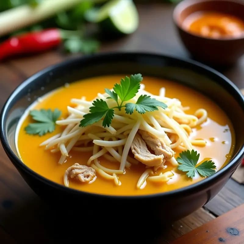Bowl hondo de cerámica negra con laksa de pollo y cúrcuma, sopa malasia de color dorado intenso con trozos de pollo, fideos de arroz, brotes de soja y cilantro fresco. Fondo con ingredientes dispersos como limoncillo, chile rojo y rodajas de limón.