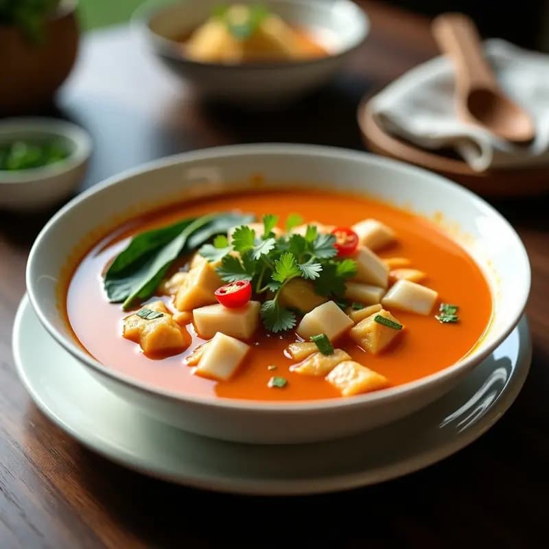 Cuenco hondo de cerámica negra con Laksa de Pollo y Lúuma, caldo cremoso color naranja intenso, trozos de pollo tierno, lúuma dorada, brotes de soja y cilantro fresco. Plato malasia picante y nutritivo servido sobre mesa de madera rústica con fondo difuminado.