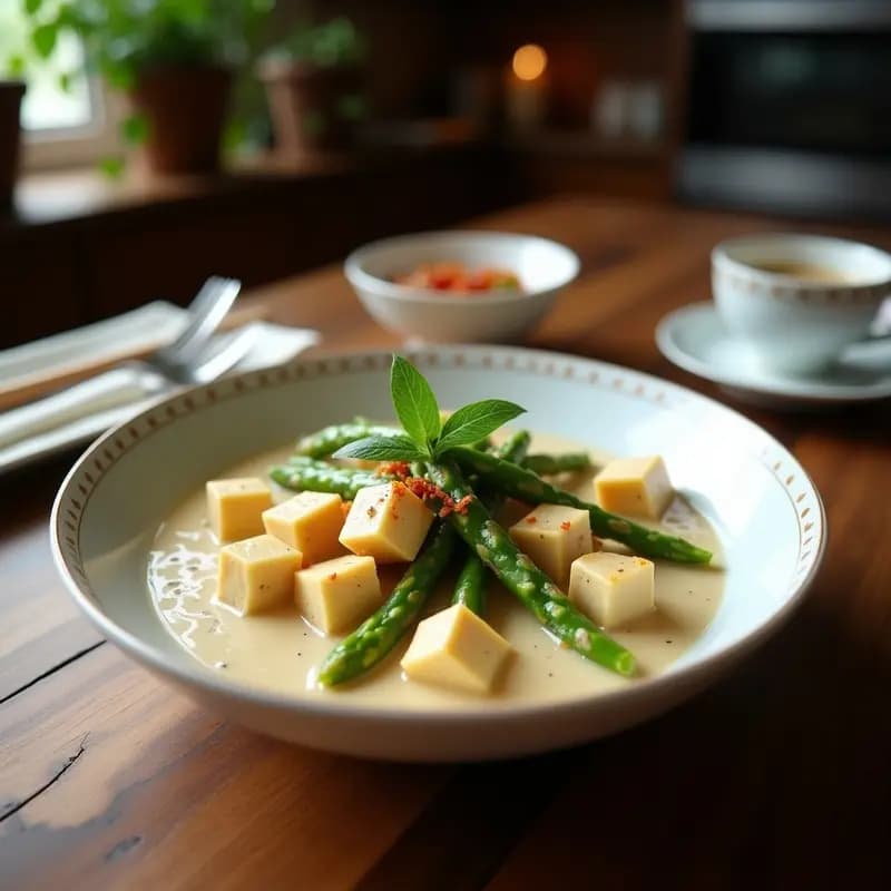 Cuenco hondo de cerámica blanca con laksa de tofu y espárragos en salsa cremosa de leche de coco light, decorado con cilantro fresco y brotes de soja. Plato colorido con tonos rojos, verdes y blancos, servido sobre mesa de madera rústica.