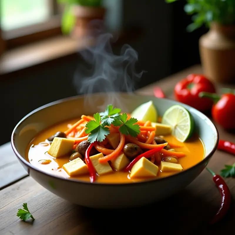 Cuenco hondo de cerámica negra con laksa de tofu y verduras con caldo de lemongrass, fideos de arroz gruesos, trozos de tofu dorado, champiñones shiitake, pimiento rojo y cilantro fresco. Plato vegano, picante y aromático, con un fondo de mesa de madera rústica.