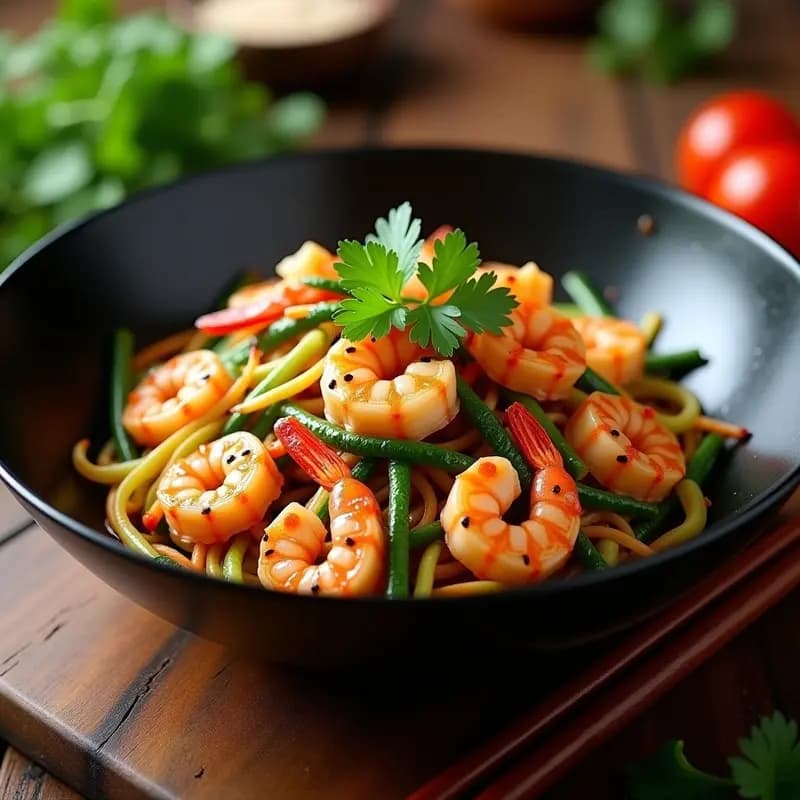 Wok de Lap Ping con calabacín en rodajas doradas, camarones rosados y verduras salteadas, bañados en salsa de ostra vegana brillante. Decorado con semillas de sésamo y cilantro fresco, servido en plato hondo blanco.