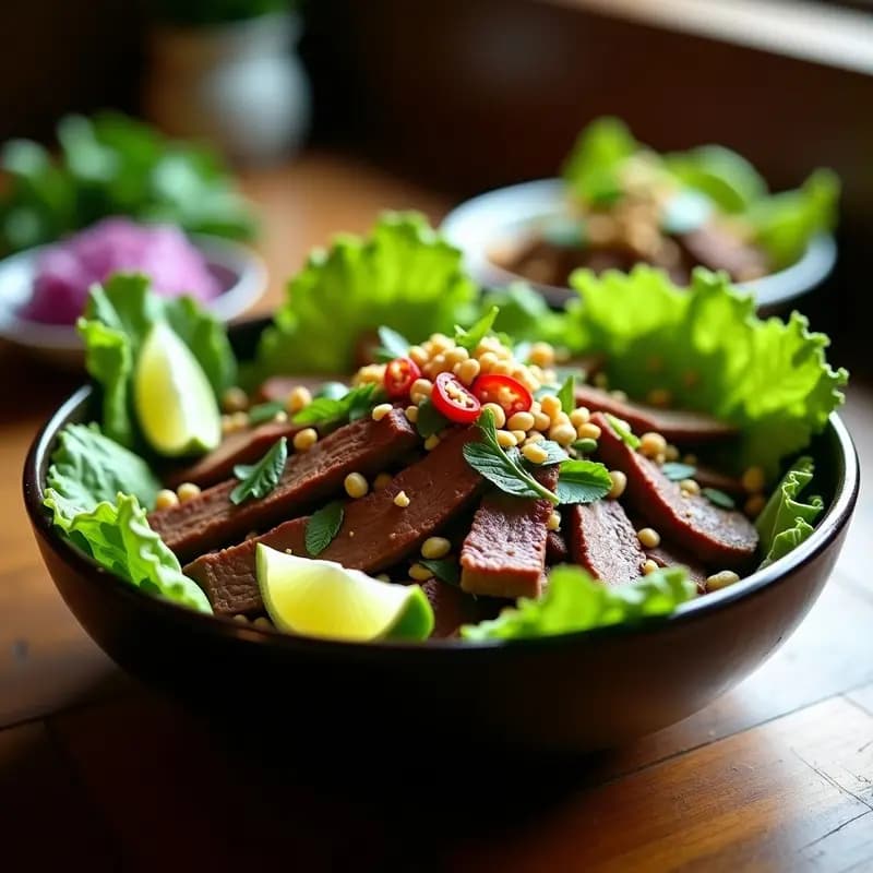 Plato hondo de cerámica oscura con Lap Ping de ternera al estilo laosiano: tiras de ternera salteada con hierbas frescas, cebolla morada, cacahuates y rodajas de limón sobre hojas de lechuga romana, decorado con hierba limón.