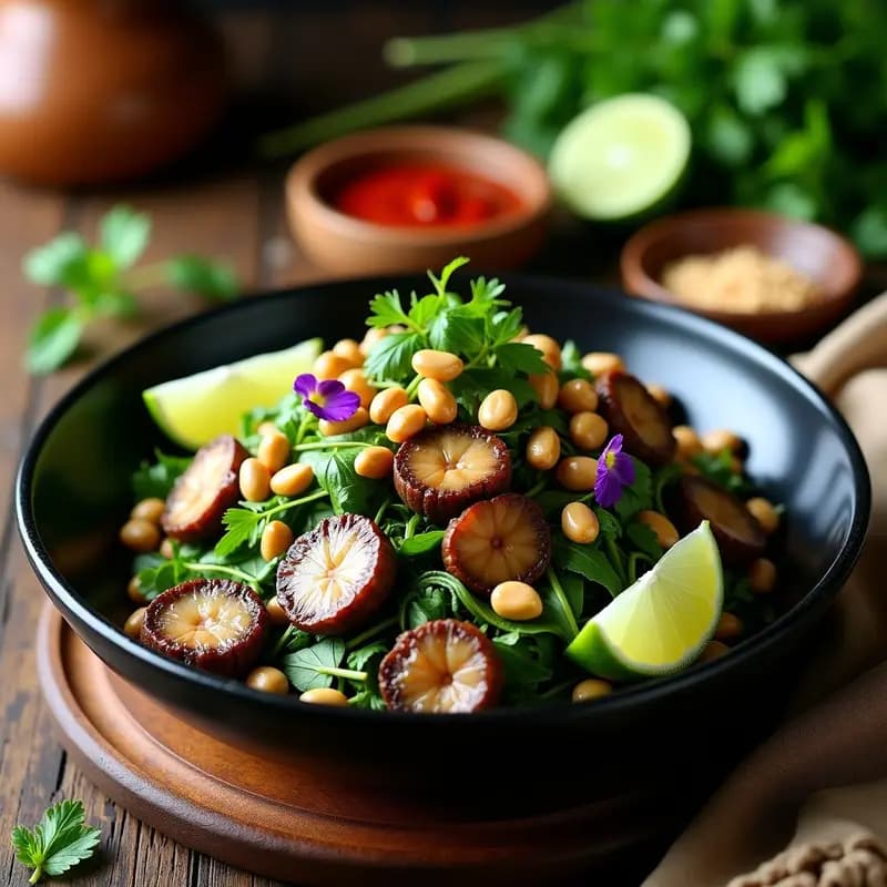 Plato de cerámica negra con larb tailanda de champiñones y limón, ensalada picante con hierbas frescas, cacahuates tostados y rodajas de limón, servida sobre hojas de lechuga morada.