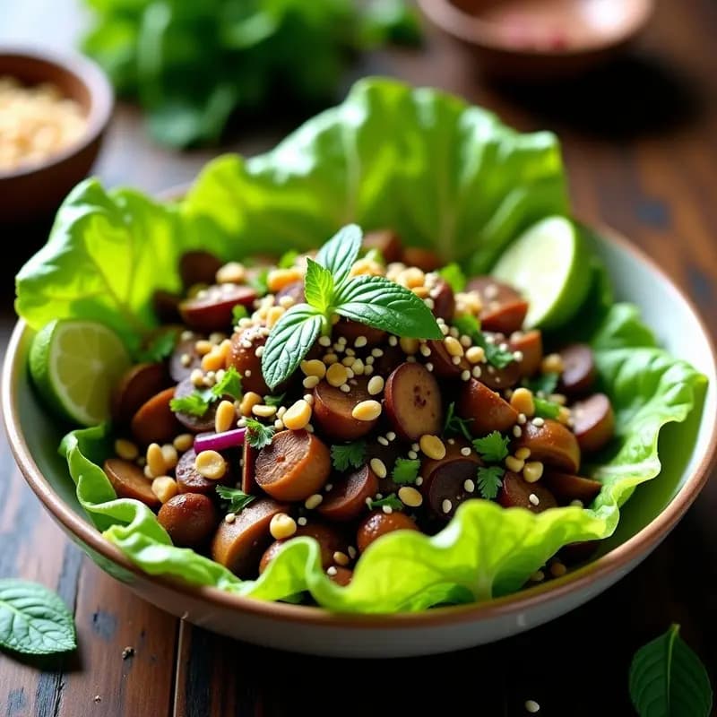 Plato de Larb de Champiñones y Menta vegano: champiñones portobello salteados con hierbas frescas, cacahuetes picados y semillas de sésamo sobre hojas de lechuga romana, decorado con gajos de lima kaffir.