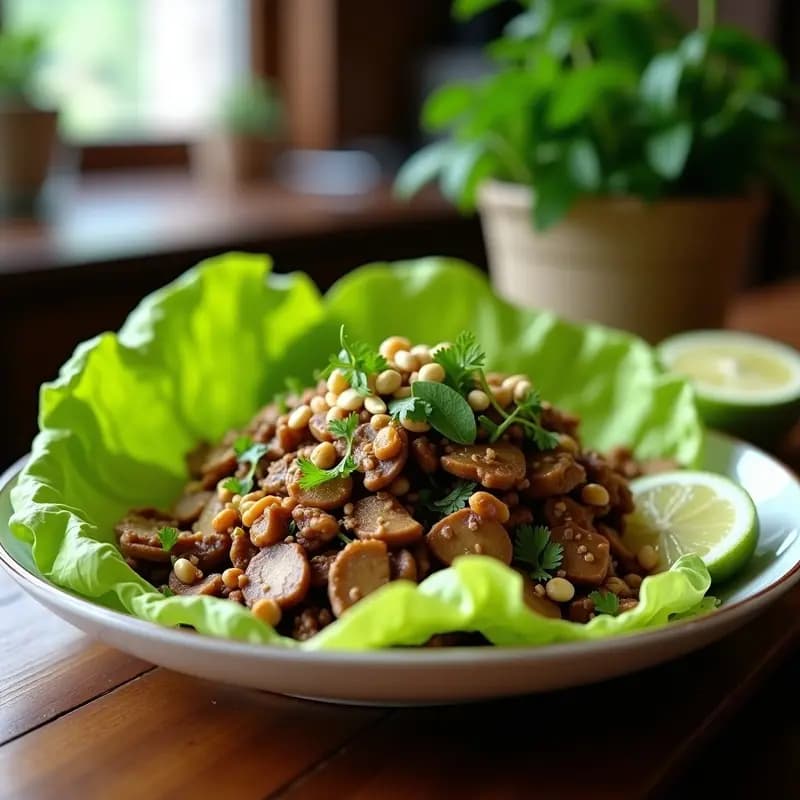 Plato de larb de champiñones vegano servido sobre hojas de lechuga romana, decorado con hierbas frescas y cacahuetes tostados, receta laosiana alta en proteína.