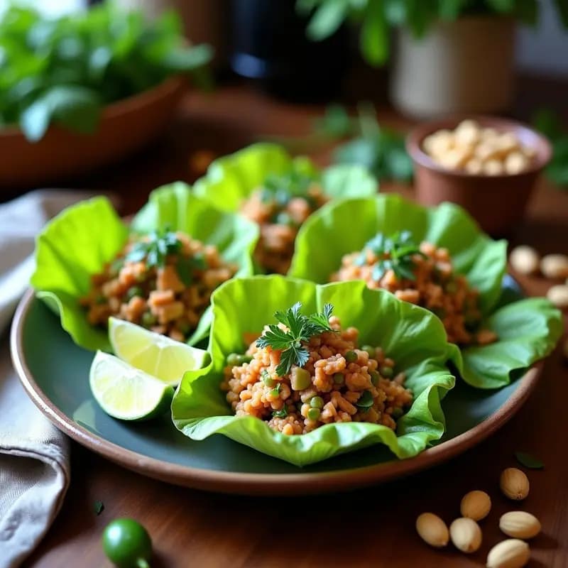 Plato tailandés Larb Gai de pollo picado con hierbas frescas (menta, cilantro y albahaca), lime en rodajas, maní tostado y cebolla morada, servido en hojas de lechuga romana sobre una mesa de madera rústica.