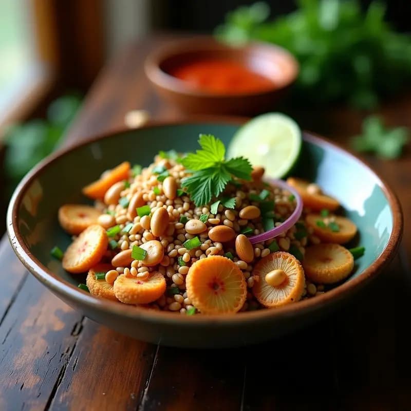 Plato hondo de cerámica negra con Larb Tailandés de Hongos Ostra, ensalada picante con hierba limón, cacahuetes tostados, menta y cilantro fresco, decorado con gajos de lima y servido sobre hojas de lechuga morada.