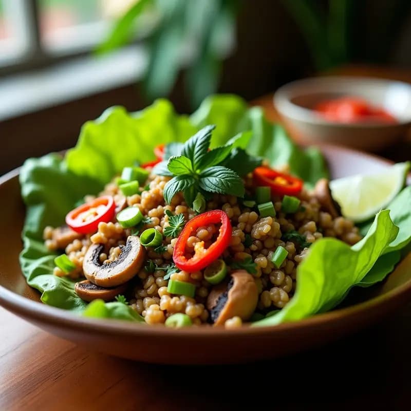 Plato colorido de larb de hongos oyster picados, mezclados con menta fresca, trozos de lima, chile rojo y hierbas aromáticas, servido en hoja de lechuga o sobre plato de cerámica tradicional laosiana.