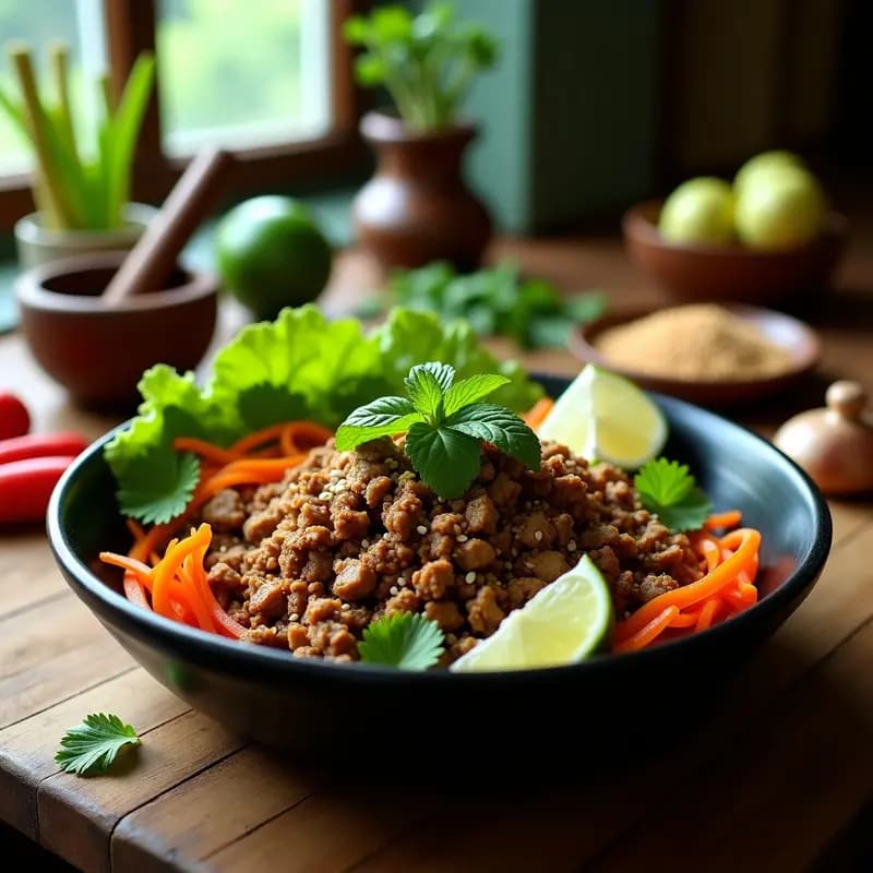 Plato hondo de cerámica blanca con Larb de Hongos Shiitake vegano, ensalada tailandesa de carne picada de hongos desmenuzados, hierba limón, menta y cilantro fresco, decorada con cacahuetes tostados y rodajas de lima, sobre fondo de madera rústica.