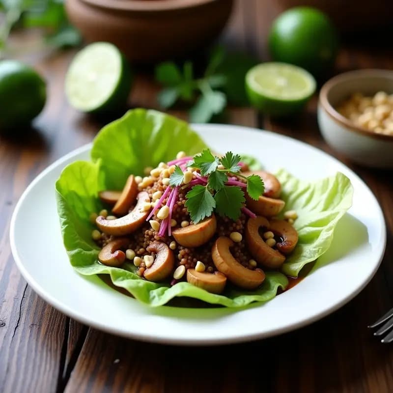 Plato de cerámica negra con Larb Tailandés de Hongos Shitake y Lima Kaffir: ensalada picante y sin carne, decorada con menta fresca, cilantro, cacahuetes picados y hojas de lechuga al fondo. Los hongos dorados brillan con la salsa cítrica, y las láminas de lima kaffir aportan un toque verde vibrante.