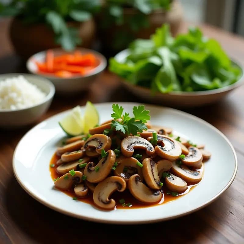 Plato hondo de cerámica negra con Larb de Hongos Shitake y Mentira, ensalada tailandesa vegana con láminas doradas de hongos, hierbas frescas de menta y cilantro, cacahuetes triturados y semillas de sésamo, acompañada de gajos de lima verde.