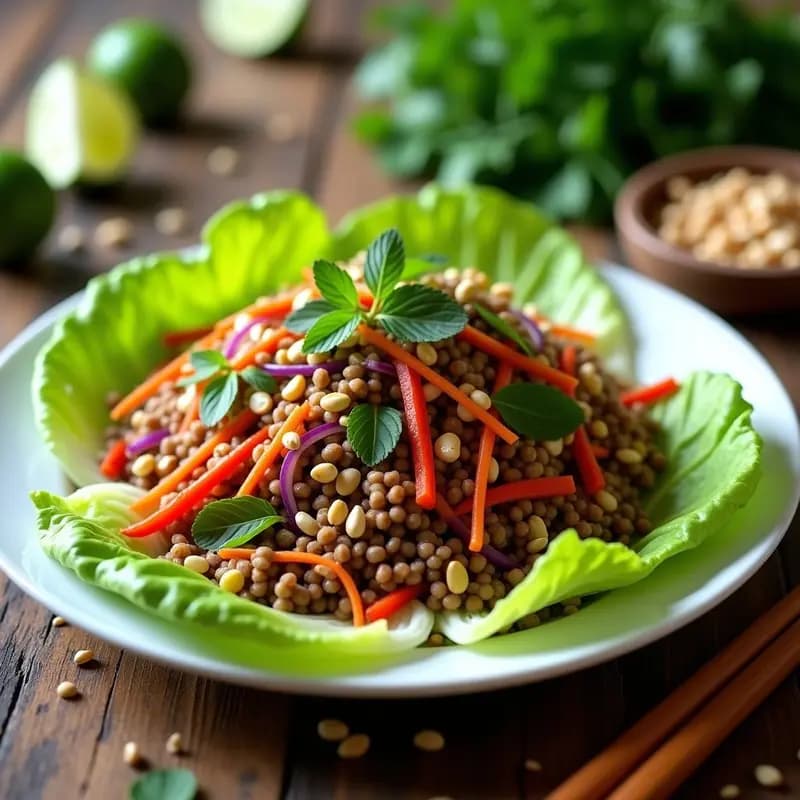 Plato colorido de larb tailandés de lentejas con hierbas frescas, cacahuetes y semillas de sésamo, servido sobre hojas de lechuga romana, con rodajas de lima y cilantro como decoración.