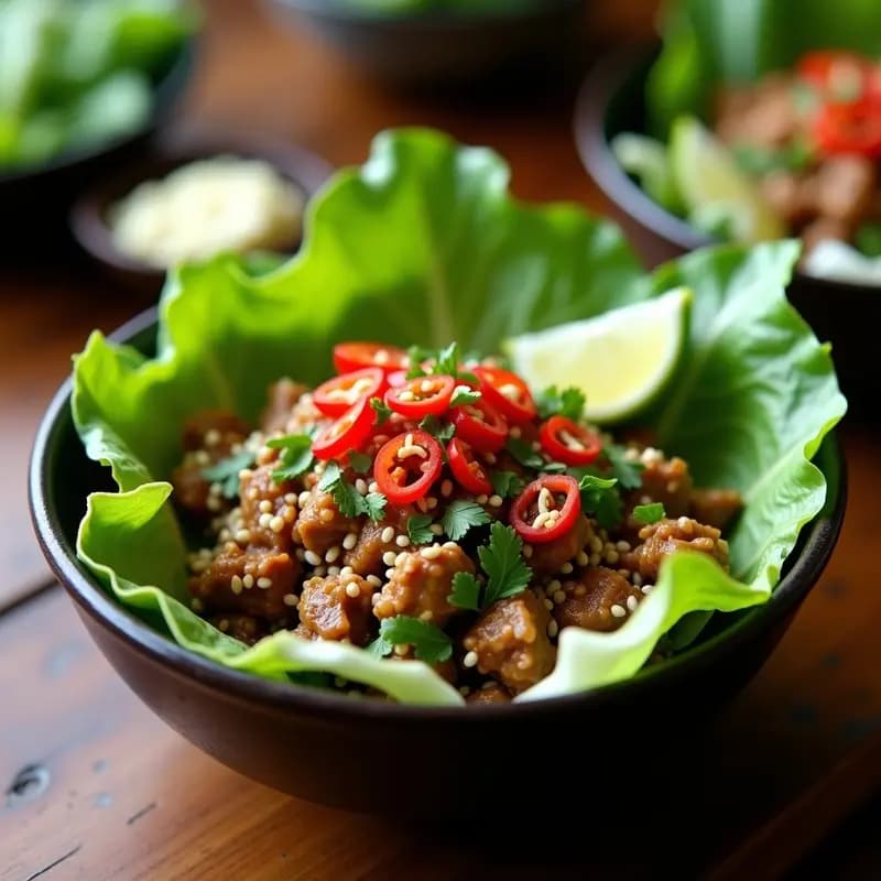 Plato hondo de cerámica oscura con Larb de Pato desmenuzado, hierbas tailandesas frescas (menta, cilantro, hierba limón) y ajonjolí tostado, servido sobre hojas de lechuga romana verde. Acompañado de rodajas de lima y chiles rojos frescos.