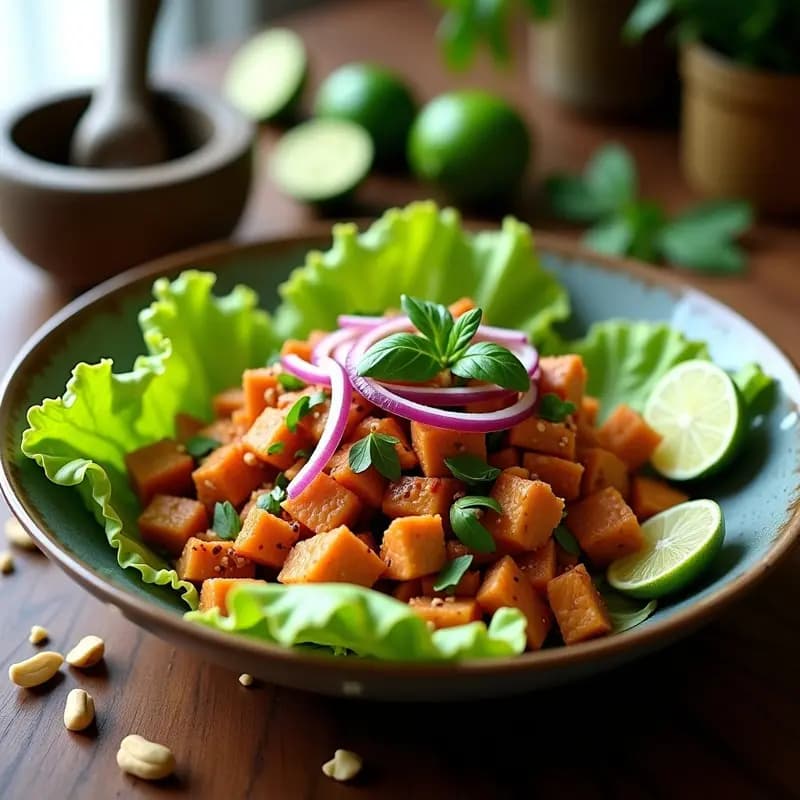 Plato hondo con ensalada tailandesa Larb de Pollo con Mentol y Lima, servida sobre hojas de lechuga romana, con trozos de pollo dorado, cebolla morada picada, cacahuetes tostados y un toque de jugo de lima fresca.