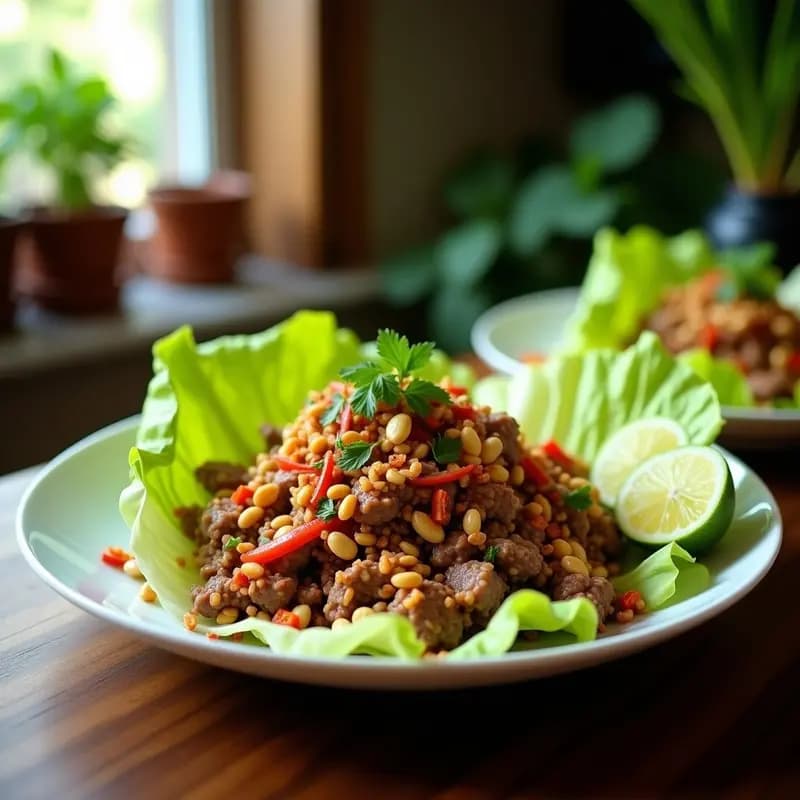 Larb Tailandés de Carne Picada y Hierba Limón: Ensalada Picante con Lechuza de Arroz