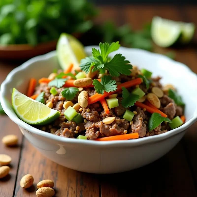 Plato hondo de cerámica blanca con Larb de ternera: carne picada salteada mezclada con hierba de limón, menta, cilantro, zanahoria rallada, pepino y cacahuetes tostados. Decorado con hojas frescas y rodajas de lima al lado. Ensalada laosiana alta en proteína.