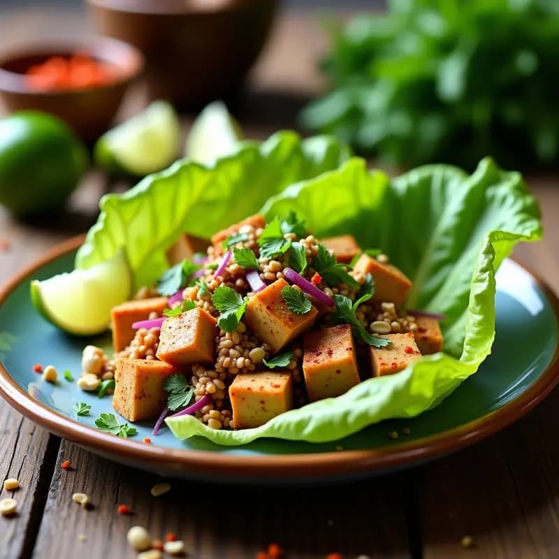 Plato tailandés keto de larb de tofu desmenuzado con hierbas frescas (menta, cilantro, hierba limón), cebolla morada, cacahuetes triturados y semillas de sésamo, servido en hojas de lechuga romana con rodajas de lima al lado. Receta vegana y baja en carbohidratos.