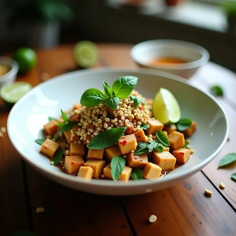 Plato de ensalada larb de tofu y hierbas tailandesas, con tofu dorado, hierbas frescas, cacahuetes y rodajas de lime sobre hojas de lechuga morada, servido en un bol de cerámica blanca.