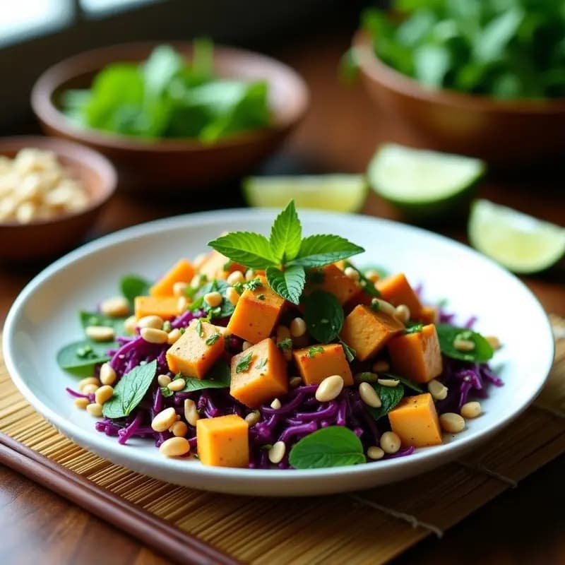 Plato de cerámica negra con Larb de Tofu y Menta: ensalada laosiana picante servida sobre hojas de lechuga morada, decorada con cacahuetes tostados, hojas de menta fresca y rodajas de limón kaffir, con gajos de lima al lado.
