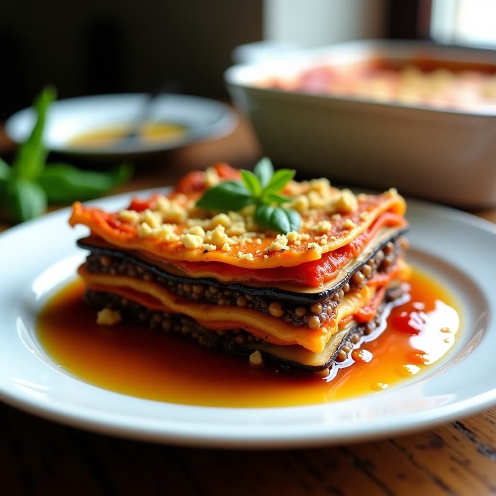 Lasagna vegana en Airfryer con capas de berenjena asada, lentejasjas oscuras y salsa de tomate seco, espolvoreada con levadura nutricional dorada y anacardos triturados. Plato servido en molde de cerámica con fondo borroso de cocina rústica.