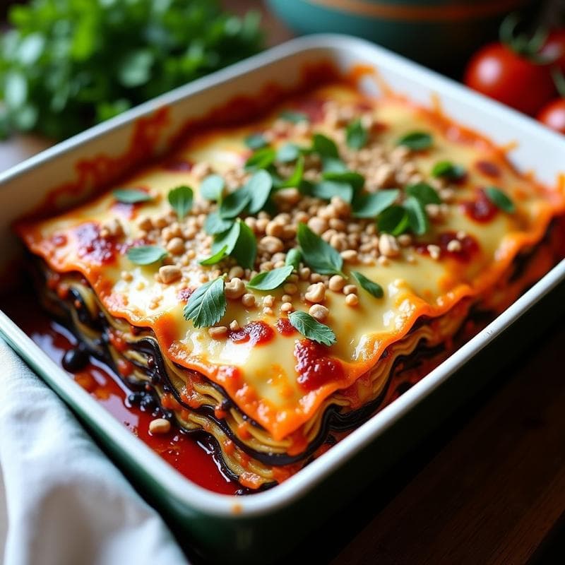 Lasagna vegana sin horno en molde rectangular, con capas visibles de berenjena violeta, lentejas beluga oscuras y bechamel cremosa de avellanas espolvoreada con perejil fresco y trocitos de avellana tostada. Plato colorido y apetecible, servido en mesa de madera rústica.