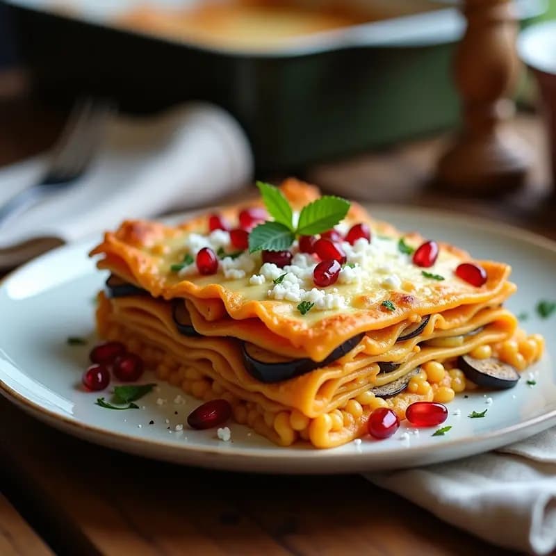 Lasagna de berenjena y lentejas Corail con bechamel de coliflor y queso de cabra, servida en porción triangular con capas visibles, almendras tostadas y perejil fresco en un plato blanco rústico.