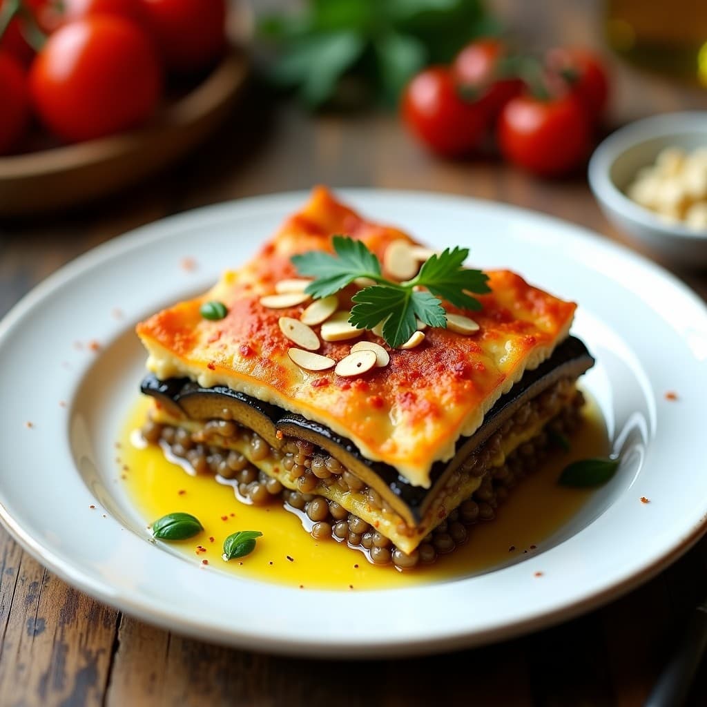 Lasagna griega sin horno de berenjena y lentejas Korzo en molde rectangular, con capas visibles de berenjena asada, lentejas especiadas y pesto de aceitunas Kalamata, decorada con almendras fileteadas y perejil fresco.