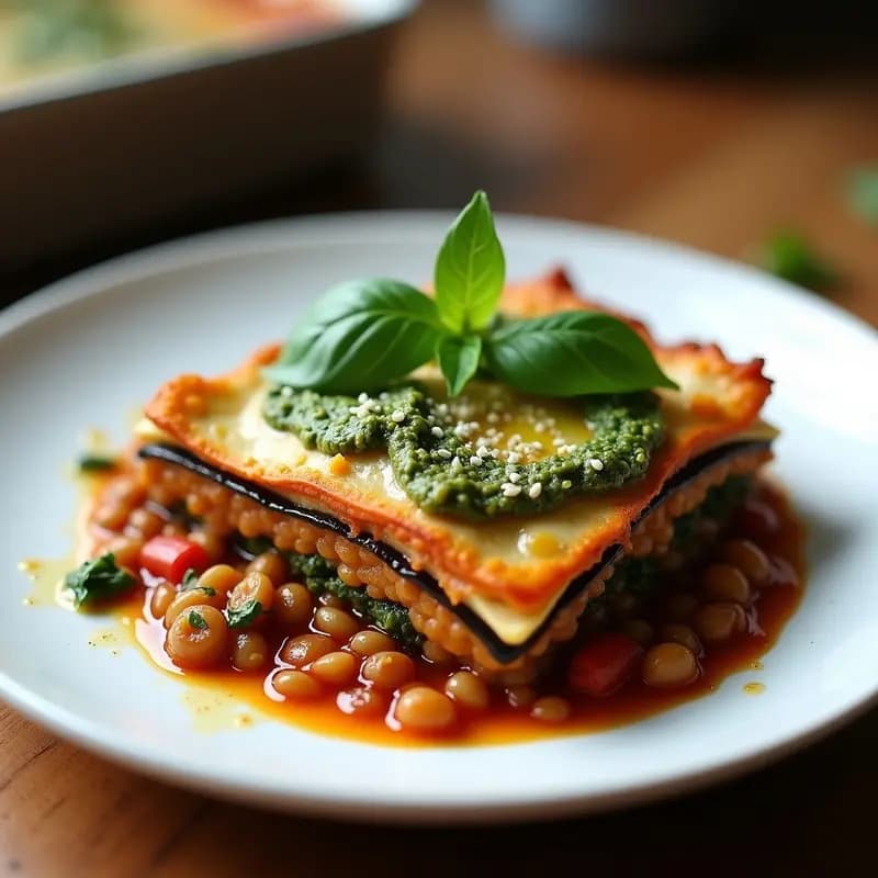 Lasagna vegana italiana en fuente de cerámica blanca, con capas visibles de berenjena asada dorada, lentejas pardinas en ragú y pesto verde cremoso. Decorada con hojas de albahaca fresca y un hilo de aceite de oliva virgen extra.