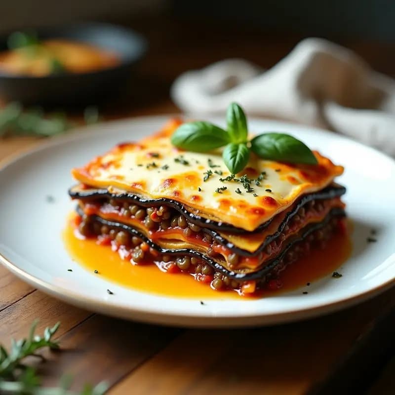 Lasagna vegana francesa en capas sin pasta, con berenjena asada, lentejas Puy y bechamel de anacardos dorada, servida en plato blanco rústico con hierbas frescas.