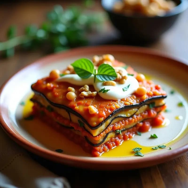 Lasagna de Berenjena y Lentejas Rojos sin pasta, con capas visibles de berenjena asada, lentejas especiadas y salsa de tahini dorada, espolvoreada con almendras fileteadas y levadura nutricional, servida en molde de cerámica sobre fondo rústico.