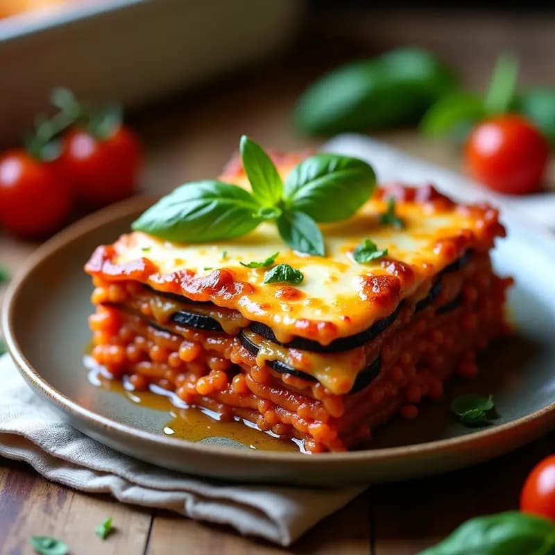 Lasagna italiano-vegana de berenjena asada y lentejas corail en capas, con bechamel cremosa de anacardos dorada al horno, servida en fuente de barro con albahaca fresca.