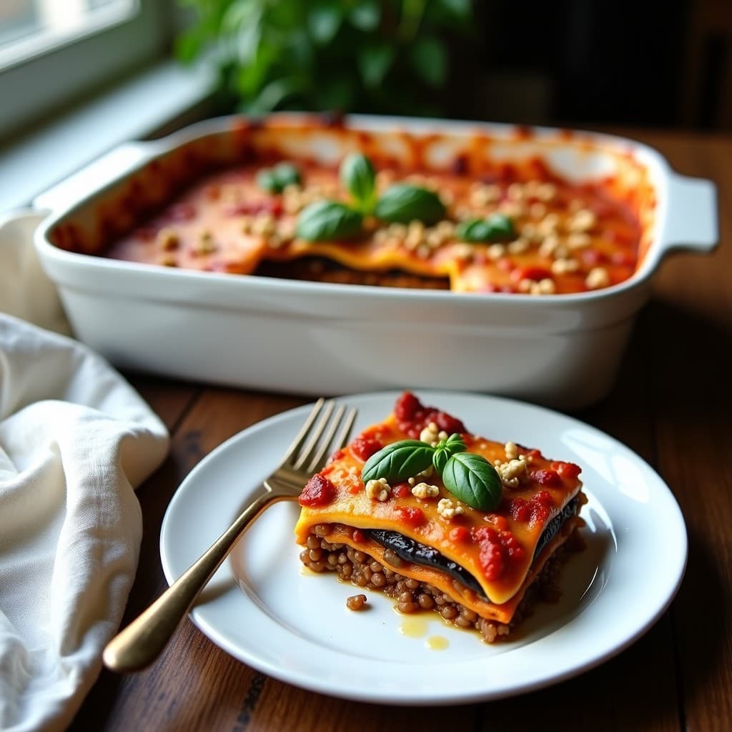 Lasagna vegana sin pasta en fuente de cerámica blanca, con capas visibles de berenjena asada, lentillas rojas y crema de anacardos dorada, decorada con hojas de albahaca fresca.