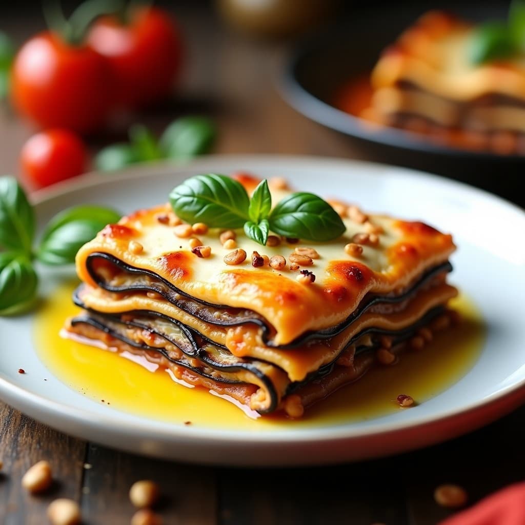 Lasagna italiana keto en fuente de cerámica blanca, con capas visibles de berenjena asada, queso cremoso de anacardos y ajo negro, espolvoreada con nueces de macadamia y decorada con hojas de albahaca fresca. Plato gourmet bajo en carbohidratos.